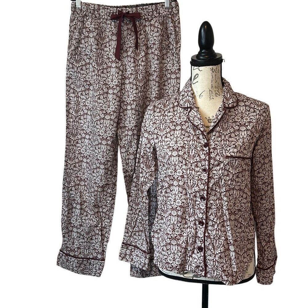 Printed Long Sleeve Pajama Set - Burgundy Floral